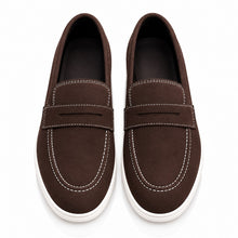 Wexford Shoes Men's Suede-Look Penny Loafers with White Sole and Contrast Stitching